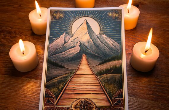 Un jeu de tarot posé sur une table en bois, entouré de bougies, avec une carte centrale