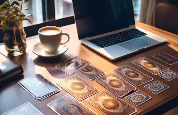 Une table élégante sur laquelle repose un jeu de tarot, entouré de symboles professionnels